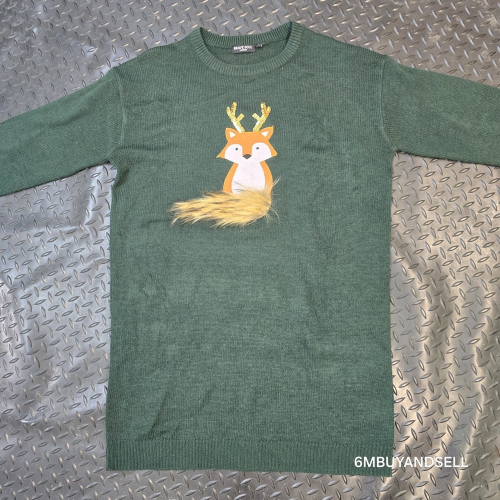 Brave Soul London Green Fox Applique Faux Fur Sweater‎ Dress Womens L - Picture 3 of 9